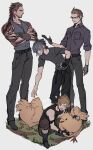  4boys absurdres act_(a_moso) black_hair black_shirt blonde_hair boots brown_hair chocobo crop_top final_fantasy final_fantasy_xv fingerless_gloves gladiolus_amicitia glasses gloves highres ignis_scientia multiple_boys noctis_lucis_caelum partially_fingerless_gloves petting prompto_argentum shirt single_glove smile spiky_hair squatting tank_top tattoo 