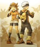  00s 1boy 1girl back-to-back bag bandanna bike_shorts blue_eyes brown_hair gloves haruka_(pokemon) hat holding holding_poke_ball keko_(corona) poke_ball pokemon pokemon_(game) pokemon_rse short_hair smog white_hair yuuki_(pokemon) 