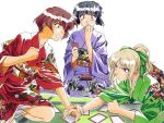  3girls 90s angry card endou_akira fighting holding holding_card japanese_clothes kai_tomohisa kimono multiple_girls sentimental_graffiti sweatdrop tatami 