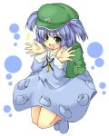 1girl :d backpack bag beihan blue_dress blue_eyes blue_hair blush boots dress female full_body green_eyes hat jumping kawashiro_nitori key kokka_han looking_at_viewer no_nose open_mouth rubber_boots short_hair simple_background smile solo touhou two_side_up white_background 