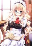  1girl absurdres blonde_hair blue_eyes book copyright_request glasses highres maid maid_headdress miyama-zero reading semi-rimless_glasses solo under-rim_glasses 