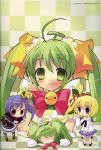  3girls absurdres bell black_lemon-chan bow chibi green_eyes green_hair highres huge_filesize itou_noiji jingle_bell lemon-chan melon-chan melonbooks multiple_girls ribbon yellow_bow 