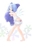  ass barefoot bloomers blue_eyes blue_hair bow butt_crack camisole child cirno eyelashes female flat_chest from_behind hair_bow kubozuka_pikurou looking_back short_hair the_embodiment_of_scarlet_devil touhou underwear undressing wardrobe_error wings 