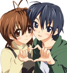  1boy 1girl antenna_hair blue_eyes blue_hair brown_eyes brown_hair clannad couple furukawa_nagisa hetero okazaki_tomoya sora_to_umi 