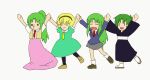 4girls animated animated_gif blonde_hair dancing dress green_hair higurashi_no_naku_koro_ni houjou_satoko iosys iosys_parody japanese_clothes kimono long_hair long_skirt lowres multiple_girls o3o pantyhose parody ponytail ribbon school_uniform serafuku short_hair siblings sisters skirt sonozaki_akane sonozaki_mion sonozaki_shion twins