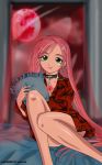  akashiya_moka bed choker dress green_eyes long_hair moon pink_hair rosario+vampire 