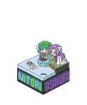  2girls asakura_rikako asakura_ryouko blue_eyes blue_hair chibi female flat_cap flat_chest full_body hat isometric kawashiro_nitori long_hair machinery multiple_girls phantasmagoria_of_dim._dream purple_hair rodney simple_background touhou touhou_(pc-98) two_side_up very_long_hair white_background 