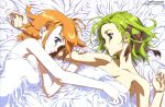  2girls absurdres arm_grab armpits bangs bare_shoulders bed_sheet blue_eyes breasts cleavage comp_h&#039;s couple from_above fuyou_kaede green_hair hair_ribbon highres hosoda_naoto indoors lying multiple_girls naked_sheet nude official_art on_back on_side open_mouth orange_hair outstretched_arm profile ribbon scan shigure_asa short_hair shuffle! shuffle!_memories smile tress_ribbon untied upper_body yuri 