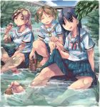  3girls barefoot blue_hair brown_hair eating feet knucklecurve legs_crossed licking long_hair multiple_girls open_mouth otter ponytail school_uniform shoes_removed short_hair skirt skirt_lift smile soaking_feet toes twintails wading water wet wet_clothes 