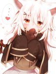  1girl animal_ears capelet cat_ears cat_tail chocolate chocolate_heart heart holding long_hair looking_at_viewer mofuaki orange_eyes original ribbon silver_hair sleeves_past_wrists solo spoken_heart tail tail_ribbon valentine 