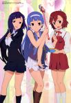  3girls absurdres aoba_tsugumi blue_hair chopsticks cross food hairband highres jewelry kannagi long_hair megami multiple_girls nagi necklace nun official_art pleated_skirt purple_hair redhead ribbon school_uniform serafuku short_hair skirt sleeveless smile violet_eyes wand white_skirt yoshioka_shinobu zange 