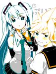  aqua_eyes aqua_hair bad_id blonde_hair blush hatsune_miku kagamine_len mitsugo redhead vocaloid 