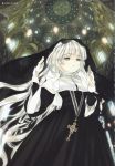  1girl absurdres blonde_hair church costume cross gloves gosick green_eyes highres jewelry long_hair necklace nun official_art solo takeda_hinata victorica_de_blois white_hair yellow_eyes 