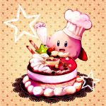  cake cat chef_hat cooking food fruit hat icing king_dedede kirby kirby_(series) lowres nintendo no_humans pastry pastry_bag sepia_background sin_(hitonatsu) strawberry when_you_see_it 