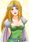  1girl bad_id blonde_hair blue_eyes breasts cape celes_chere cleavage female final_fantasy final_fantasy_vi headband open_mouth shoulder_pads signature solo yukihiro 