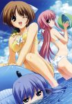  3girls ;d absurdres amamiya_kurara ball beachball bikini blue_eyes blue_hair braid brown_hair clouds fumio_(ura_fmo) hair_ribbon highres hoshiuta light_rays long_legs multiple_girls one_eye_closed open_mouth pink_hair ribbon sky smile sunbeam sunlight suou_nanano swimsuit turtle violet_eyes water yamabuki_renge 