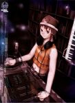  90s abe_yoshitoshi absurdres animal_ears bear_ears bottle bracelet brown_eyes brown_hair dj hair_ornament hairclip hat headphones headphones_around_neck highres instrument iwakura_lain jewelry keyboard keyboard_(instrument) midriff mixer necklace official_art phonograph ring serial_experiments_lain synthesizer turntable 