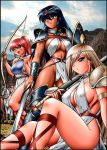  3girls amazon armor arrow belt black_hair blue_eyes blue_hair boots bow bow_(weapon) bracelet breasts brown_hair center_opening circlet cleavage collar criss_crossed_top cross-laced_footwear dark_skin erect_nipples gorget greaves green_eyes hair_over_one_eye halter_top halterneck headband horse jewelry large_breasts loincloth mountain multiple_girls muscle original photo_background ponytail quiver red_eyes redhead sandals sheath shield shingyouji_tatsuya sideboob sitting sky spaulders standing sword thigh-highs vambraces warrior weapon x_crossed_top 