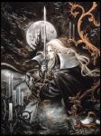  1boy alucard alucard_(castlevania) androgynous candle castle castlevania castlevania:_symphony_of_the_night cross kojima_ayami male_focus moon official_art solo sword weapon 