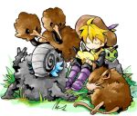  1girl 90s androgynous bad_id blonde_hair boots caterpie closed_eyes doduo grass graveler hat holding izumi_asuka nintendo omanyte outdoors pikachu pokemon pokemon_(game) pokemon_rgby pokemon_special purple_boots raticate rock shell short_hair simple_background sitting white_background yellow_(pokemon) 