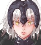  1girl close-up eyebrows_visible_through_hair face fate/grand_order fate_(series) fur_trim headpiece jeanne_d&#039;arc_(alter)_(fate) jeanne_d&#039;arc_(fate)_(all) lips looking_at_viewer nyuu_(manekin-eko) parted_lips short_hair silver_hair simple_background solo sweatdrop white_background yellow_eyes 