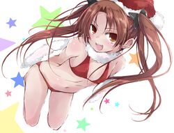  1girl arms_behind_back bangs bikini breasts brown_eyes brown_hair cowboy_shot cropped_legs girls_und_panzer hair_ribbon hat kadotani_anzu leaning_forward long_hair looking_at_viewer multicolored_background open_mouth parted_bangs red_bikini red_hat ribbon santa_costume santa_hat small_breasts smile solo standing star starry_background swimsuit twintails yumesato_makura 