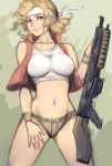  1girl bandanna bangs blonde_hair breasts collarbone crop_top curvy denim denim_shorts erect_nipples fumio_(rsqkr) genderswap gun hand_on_thigh headband holding impossible_clothes impossible_shirt large_breasts looking_at_viewer lowleg marco_rossi metal_slug midriff navel open_clothes open_shirt parted_bangs rifle shirt short_hair short_shorts shorts sketch snk solo sports_bra standing tank_top thighs torn_clothes vest wavy_hair weapon wide_hips wristband 