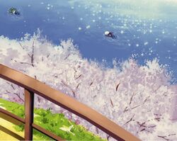  2girls aisia chibi da_capo da_capo_i landscape multiple_girls scenery school_uniform serafuku shirakawa_kotori swimming 