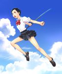  1girl black_hair blood+ bow clouds jumping katana open_mouth otonashi_saya parody red_eyes school_uniform serafuku short_hair skirt sky solo sword toki_wo_kakeru_shoujo ueyama_michirou weapon 