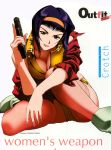  1girl 90s breasts cleavage cowboy_bebop faye_valentine fingernails green_eyes gun hairband handgun kawamoto_toshihiro long_fingernails long_nails nail nail_polish panties pantyshot pink_nails pistol purple_hair scan semiautomatic short_hair solo thigh-highs underwear weapon zettai_ryouiki 