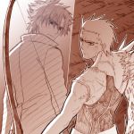  2boys archer bow_(weapon) emiya_kiritsugu fate/stay_night fate_(series) father_and_son lowres male_focus monochrome multiple_boys pink st_parasu weapon 