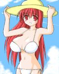  1girl bikini breasts hat huge_breasts large_breasts long_hair lowres miyata_gakuman over_hundred red_eyes redhead solo swimsuit 
