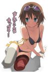  1girl blue_eyes blush bob_cut bra brown_hair goggles kneeling lingerie mismatched_legwear nora_higuma panties rita_mordio short_hair solo tales_of_(series) tales_of_vesperia thigh-highs translated underwear underwear_only 