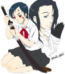  1boy 1girl bandage black_hair blood blood+ blush couple haji hetero katana kneeling otonashi_saya red_eyes school_uniform serafuku shiun short_hair sidelocks sword vampire weapon 