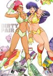  2girls 80s absurdres blue_hair breasts cleavage clothes corded_phone dirty_pair dragon highres kei_(dirty_pair) large_breasts logo long_hair magazine midriff multiple_girls nammo official_art oldschool panties phone pink_hair purple_hair redhead scan short_hair underwear yuri_(dirty_pair) 