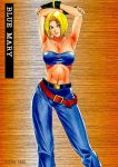  1girl 90s armpits arms_up belt blonde_hair blue_mary breasts cleavage denim fatal_fury fingerless_gloves gloves jeans king_of_fighters large_breasts midriff pants short_hair snk solo the_king_of_fighters tubetop 