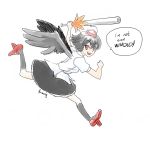  1girl baseball_bat black_hair black_wings fan female formerly geta hat looking_at_viewer open_mouth parody red_eyes shameimaru_aya sketch skirt smile solo team_fortress_2 tengu-geta the_scout tokin_hat touhou wings 