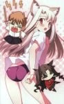  3girls absurdres albino animal_ears black_hair brown_hair buruma chibi fate/stay_night fate_(series) fujimura_taiga gym_uniform highres illyasviel_von_einzbern long_hair multiple_girls red_eyes scan short_hair takeuchi_takashi tohsaka_rin twintails two_side_up white_hair 