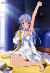  1girl absurdres arm_up armpits barefoot bed bedroom blue_hair blush calendar clock curtains face feet female fingernails green_eyes highres index indoors legs long_hair long_sleeves looking_at_viewer megami official_art open_mouth outstretched_arm robe safety_pin scan showing_armpits sitting solo sunlight tanaka_yuuichi to_aru_majutsu_no_index toes undressing uniform window 