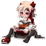  1girl blonde_hair bow bow_bra bra drunk fang feet female food footwear kneehighs lingerie noya_makoto pink_bra red_eyes ribbon rumia short_hair single_shoe socks solo the_embodiment_of_scarlet_devil touhou underwear youkai 