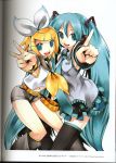  absurdres blonde_hair blue_eyes detached_sleeves green_eyes green_hair hatsune_miku headphones highres huge_filesize kagamine_rin point pointing scan short_hair shorts skirt thigh-highs twintails v vocaloid 
