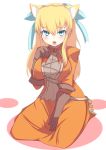 1girl animal_ears bad_id blonde_hair blue_eyes breast_squeeze breasts cat_ears dress gloves johnny_funamushi kemonomimi_mode kneeling large_breasts long_hair maya_schrodinger open_mouth orange_dress solo white_background wild_arms wild_arms_3 