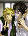  2boys amano_ginji bandage black_hair blonde_hair brown_eyes cigarette fingerless_gloves getbackers gloves highres male_focus midou_ban multiple_boys nakajima_atsuko smile sunglasses v violet_eyes 