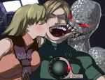  1boy 1girl ashley_graham biting blonde_hair blush breasts cheek_biting cheek_kiss creepy eating face_stretch game_hud health_bar kiss large_breasts leon_s_kennedy mogeru moggel monster open_mouth pain red_eyes regenerator resident_evil resident_evil_4 sandwiched scarf smile teeth what you_gonna_get_raped 