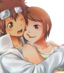  00s blush brown_eyes brown_hair digimon digimon_adventure_02 goggles hug motomiya_daisuke pocky short_hair yagami_hikari 