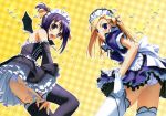  2girls 90s absurdres bat_wings blonde_hair blue_eyes blush brown_eyes detached_sleeves fangs gloves gothic_lolita hair_ornament hairclip highres horiuchi_sana lolita_fashion maid multiple_girls murakami_suigun panties pantyshot pia_carrot_(series) pia_carrot_e_youkoso!! purple_hair thigh-highs underwear waitress white_legwear white_panties wings yaegashi_kanae zettai_ryouiki 