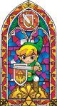  1boy absurdres black_eyes blonde_hair faux_traditional_media highres link male_focus nintendo pointy_ears shield solo stained_glass sword the_legend_of_zelda the_legend_of_zelda:_the_wind_waker toon_link weapon 