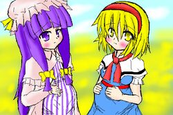  2girls :&lt; alice_margatroid blush chibi female flat_chest multiple_girls patchouli_knowledge pregnant touhou violet_eyes yellow_eyes 