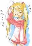  ^_^ blonde_hair bottomless character_request child closed_eyes copyright_request hand_on_head open_mouth oversized_clothes sweater tatata translated translation_request twintails 