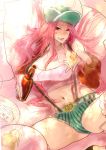  1girl bottle breasts cleavage eating female food hat jewelry_bonney kito_(coyo) large_breasts long_hair one_piece pink_hair pizza shorts solo suspenders 